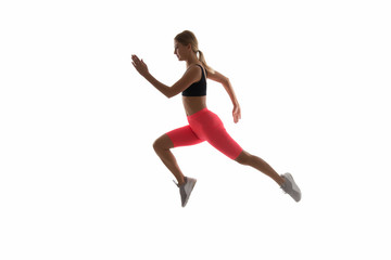 Fototapeta na wymiar Girl runner on white background. Sport lifestyle and health concept. Start run. Life is motion. Woman athlete run achieve great result. How run faster. Speed training guide. Improve run speed