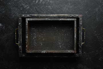 Black old wooden box. Top view. Free copy space.