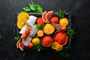 sea salt with aroma of citrus fruits. Spa treatments. Top view. Free copy space.