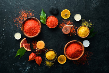 sea salt with aroma of citrus fruits. Spa treatments. Top view. Free copy space.