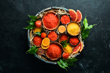 Colored sea bath salt. Spa treatments. Top view. Free copy space.