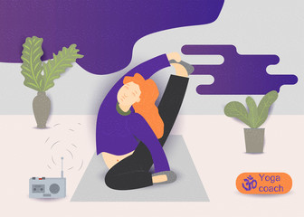 a young girl with 7 red hair doing gymnastics yoga exercise on a rug vector illustration without contours in the style of flat concept design for the design of various bakery and web products
