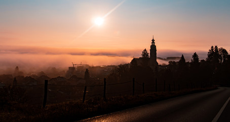 Beautiful foggy sunrise at Tittmoning, Bavaria, Germany