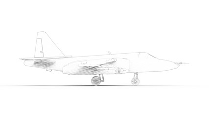 Line illustration of a modern fighter jet airplane isolated in white studio