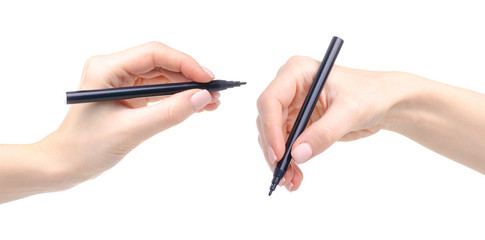 Black felt-tip pen in hand collage on white background isolation