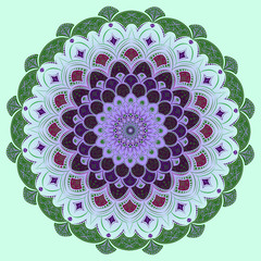  Vector graphics. Round lace pattern - in green and lilac colors.
