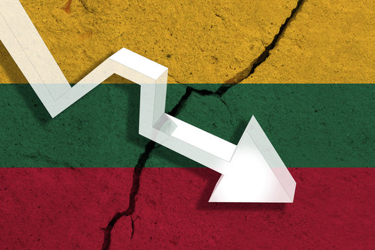 Lithuania Flag on the cracked wall with arrow falling down. Concept of decrease in the country.