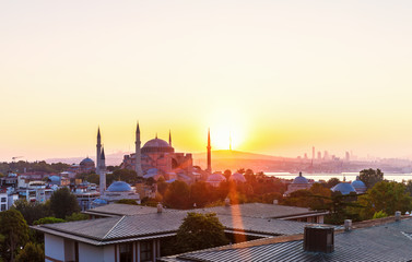 Hagia Sophia and Istanbul roofs at sunrise, beautiful view