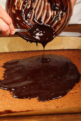 Pouring icing on cake