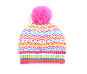 Warm knitted hat on white background, top view
