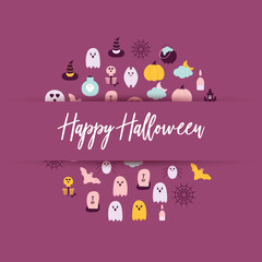 Happy Halloween banner with a Lettering. Flat style Halloween icons scary ghost, pumpkin, witch hat, bat, potion bottle, skull, skeleton, spider net, cat.