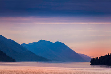 Pink Sunrise Over Ocean, Mountains