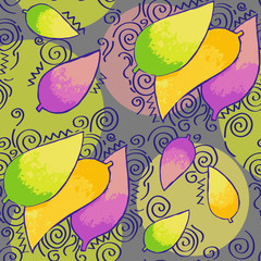 Seamless texture with bright leaves and abstract spirals on colored circles background.