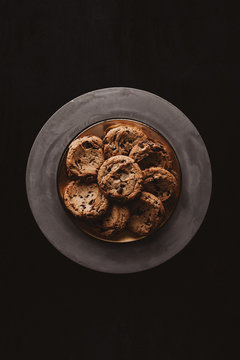 Overhead view of chocolate chip cookies served on plate