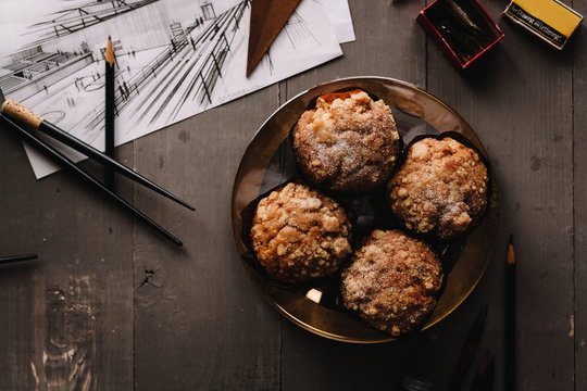 Overhead view of banana nut muffins on table