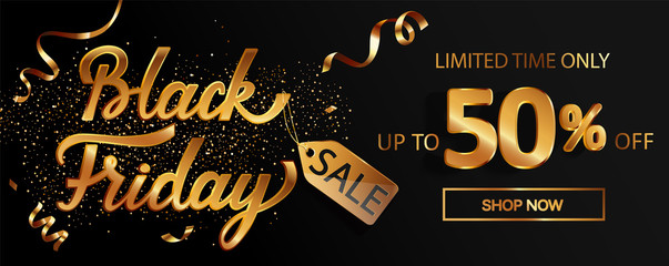 Gold black friday sale banner with golden serpentine and 50 percent discount.Perfect template for flyers, discount cards, web, posters, ad, promotions,blogs and social media, marketing.Vector.