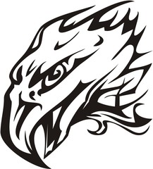 Eagle head symbol in tribal style. Flaming eagle head with open beak tattoo for your design. Black and White