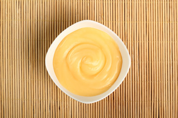 Mayonnaise in bowl. Directly Above.