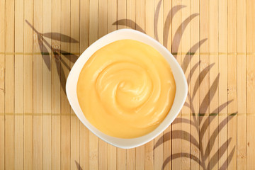 Mayonnaise in bowl. Directly Above.