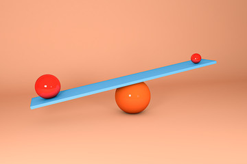 3d illustration. Spheres balancing on a seesaw. balance concept.