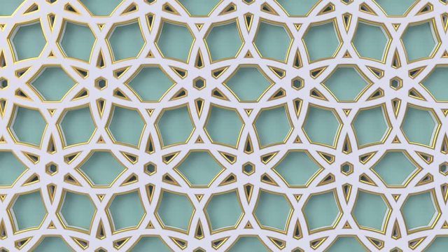 Arabesque looping geometric pattern. Green and white islamic 3d motif. Arabic oriental animated background.