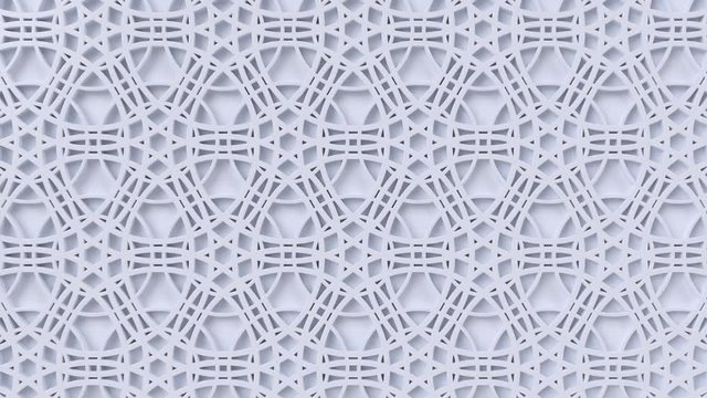 Arabesque looping geometric pattern. White islamic 3d motif. Arabic oriental animated background.