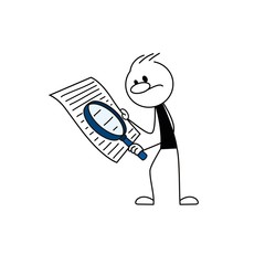 Doodle stick figure: sad man with a magnifier is studying a document. Vector.
