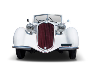 White antique car front view isolated on white