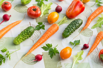 Different colorful organic vegetables on worktop, background, harvest