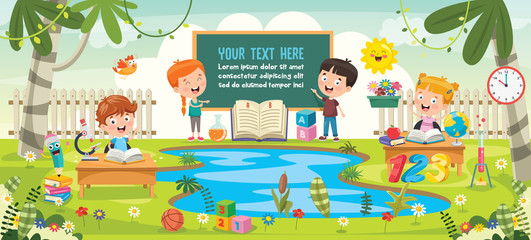 Fototapeta premium Little School Children Studying At Park