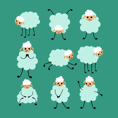 Big set of cartoon sheep in different poses and situations. Cute animals isolated on green background. Flat vector illustration.