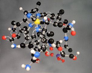 Molecule model of Vitamin B12. White is Hydrogen, black is Carbon, red is  Oxygen,  White is Hydrogen, black is Carbon, red is  Oxygen, violet is Phosphorousand yellow is Cobalt.