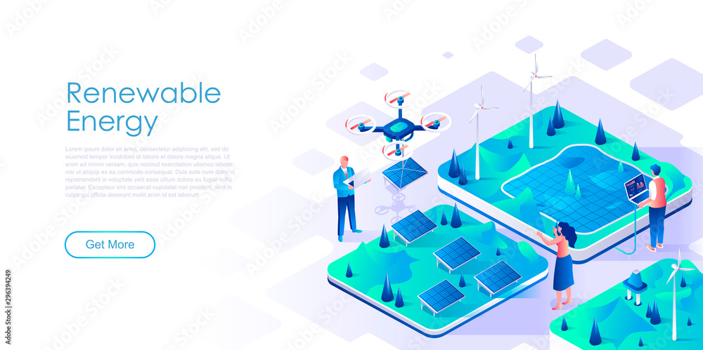 Poster renewable energy isometric landing page vector template