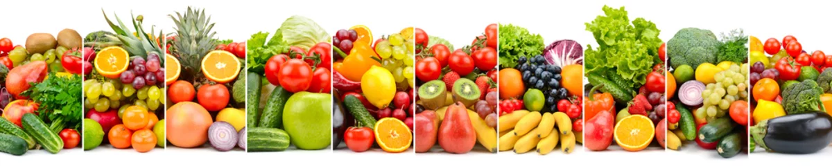Crédence de cuisine en verre imprimé Légumes frais Fruits et légumes végétariens séparés par des lignes verticales.