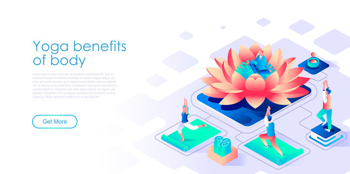 Yoga Benefits For Body Isometric Landing Page Vector Template