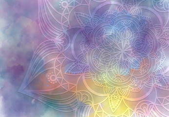 Abstract mandala graphic design and watercolor digital art painting for ancient geometric concept background