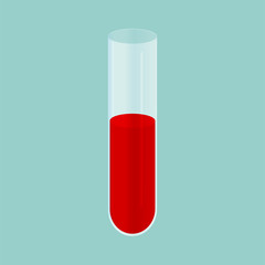 Test tube with red luqid. Analysis of blood. Medical vector flat illustration, icon.