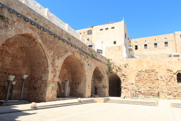 Citadel of Acre crusader fortress inner courtyard in Akko Old City, Israel