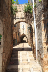 Typical view in small alleyway of Acre Old City, Israel