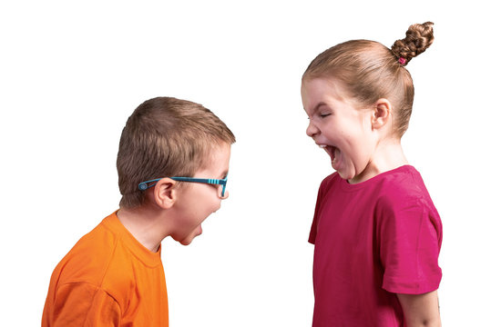 Sister and brother shout at each other. Isolated on a white background.