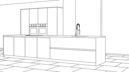 Modern kitchen interior. Linear sketch of the interior.