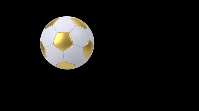 Realistic gold and white soccer ball isolated on black background. 3d looping animation.