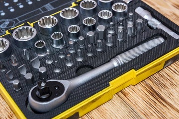 Professional mechanic tool set in case close up