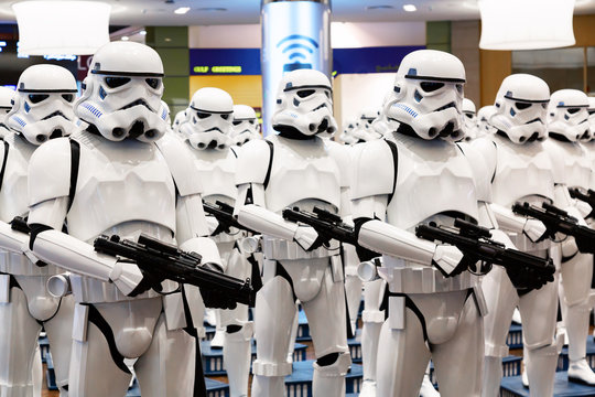 Dubai, United Arab Emirates - August, 2019: Stormtroopers from Star Wars movies in Dubai mall, Burj Khalifa in United Arab Emirates.