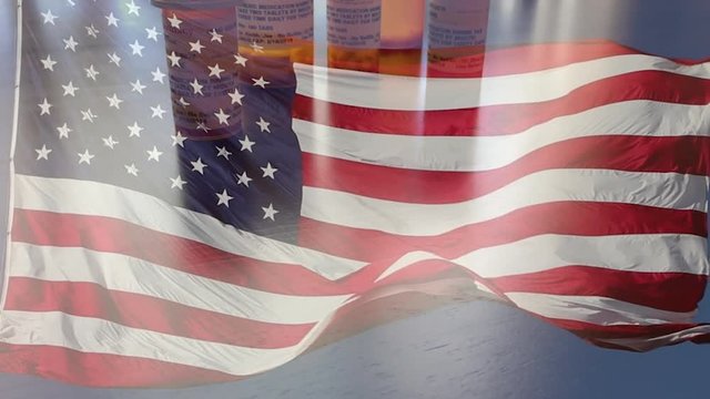 4k Slow Motion Medicine Bottles and Pills Falling With Ghosted American Flag Waving. The medicine bottle labels are non-proprietary with fictitious names, addresses and information designed specifical