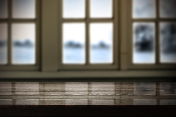 Table background of free space and winter window 