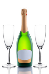 Unopened green full bottle of champagne with an empty label for text and two empty glasses in a row with a bottle isolated on a white background. Clipping path.
