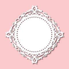 Laser cut template of round openwork vector silhouette of white doily. Wedding invitation card with circle lace border. Elegant ornamental decoration on pink background. Cutout paper frame. - obrazy, fototapety, plakaty