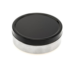 Closed tin can with black lid isolated on white background.