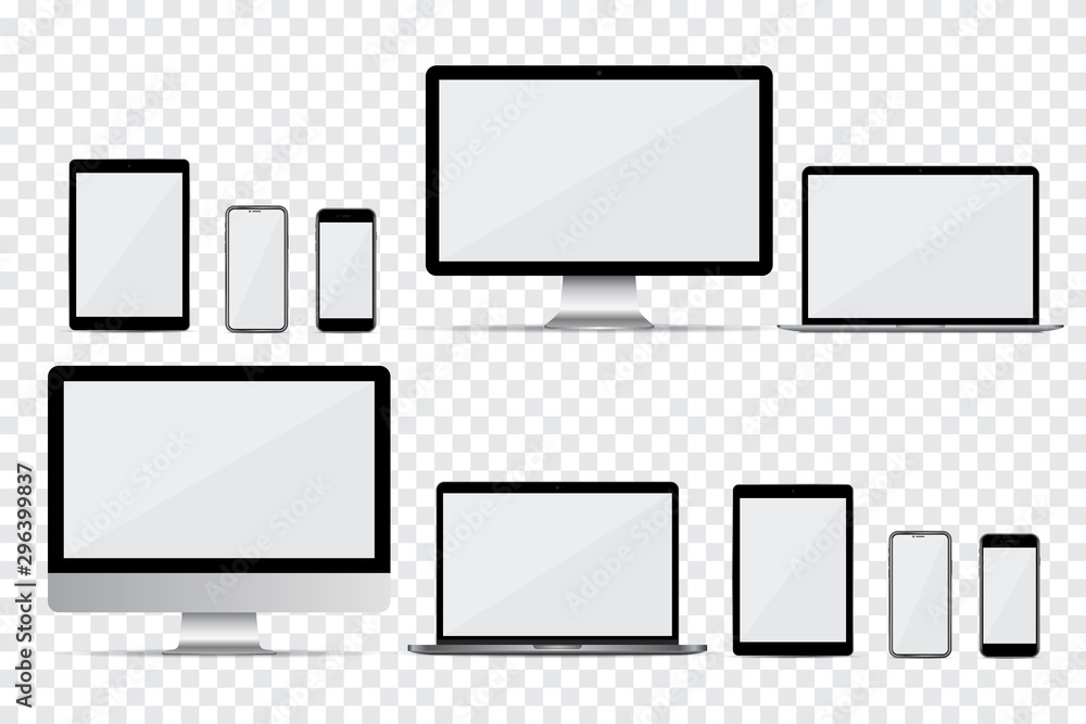 Fototapete set of computer monitor, laptop, smartphone and tablet with empty screen on a transparent background